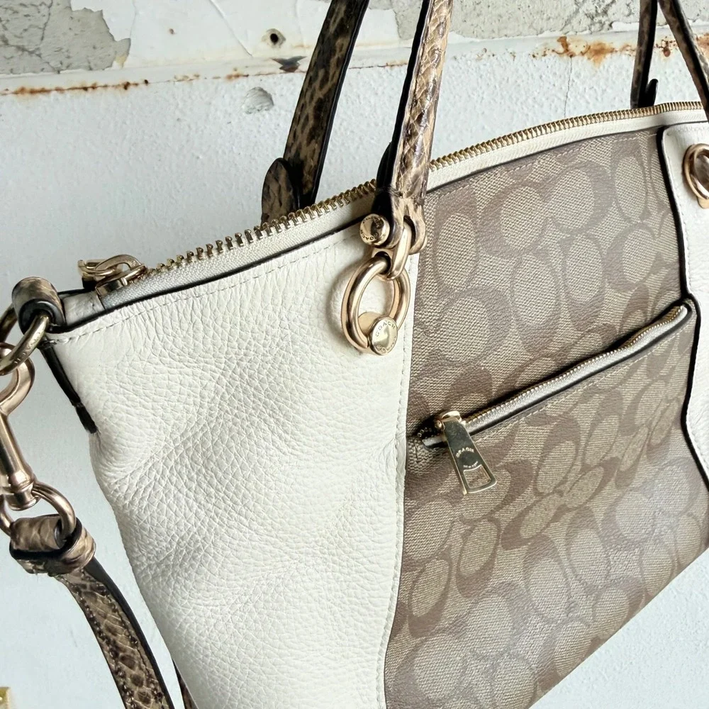 Coach Kelsey Satchel Colorblock Signature‎ Canvas Leather Bag Snakeskin C7261